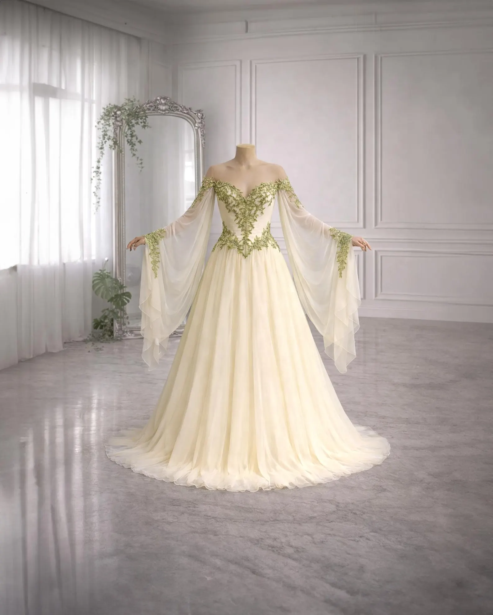 Viridia Shire olive green bridal gown preorder fantasy wedding dress with corset and chiffon sleeves