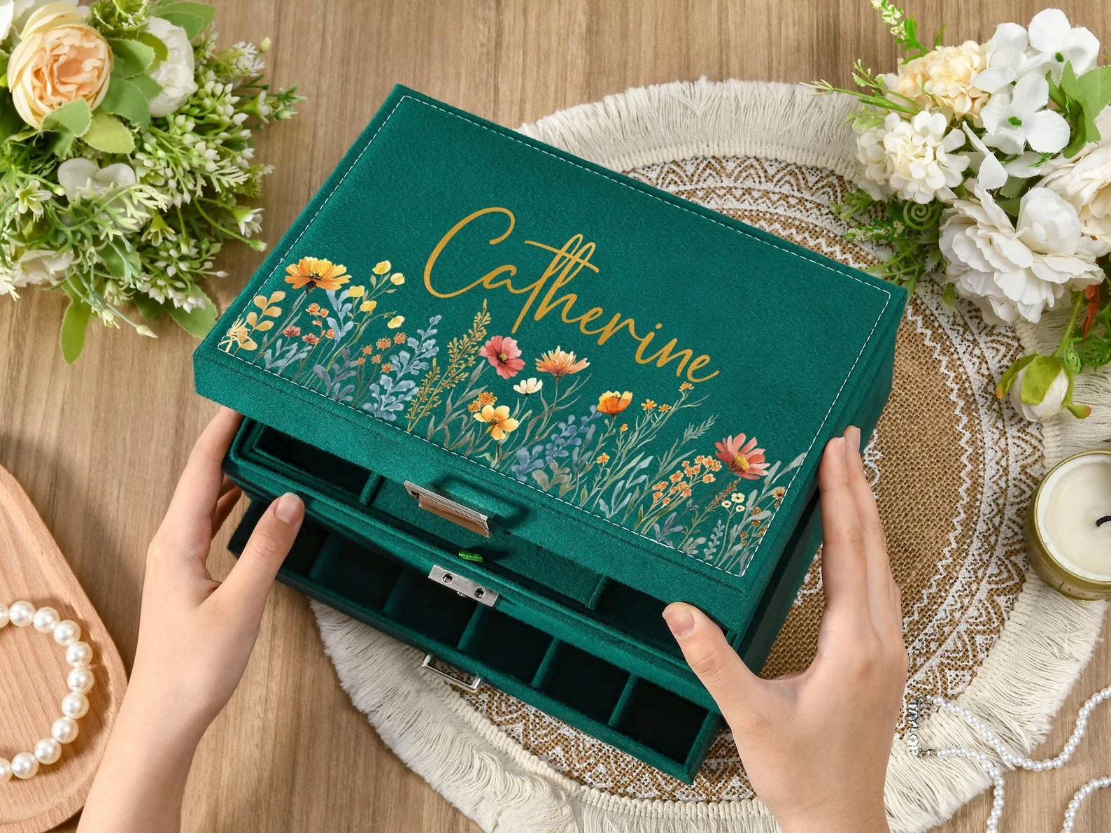 Custom Large Velvet Jewelry Box,Velvet Jewelry Box with Drawer for Women,Jewelry Storage Box with Name,Flower Jewelry Box,Gift for Her